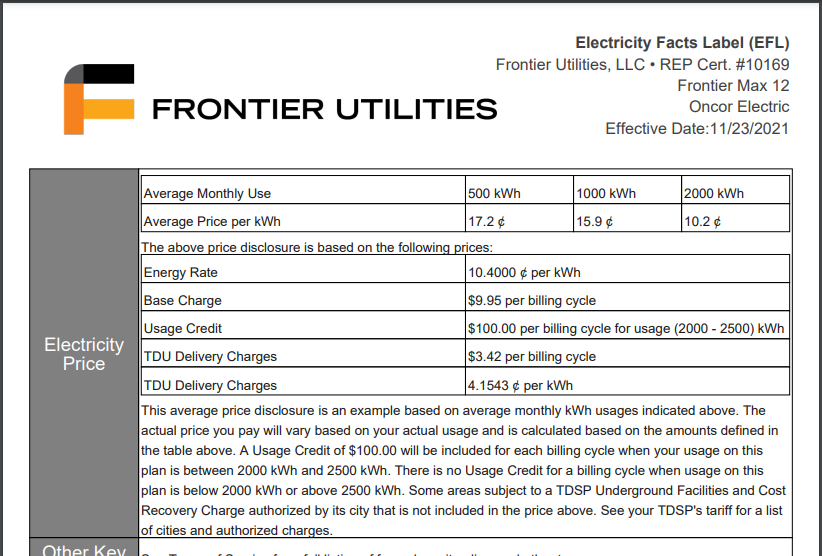 Electricity Facts Label for Frontier Max 12