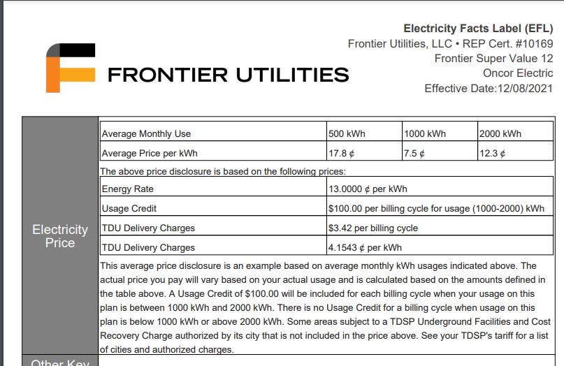 Electricity Facts Label for Frontier Super Value 12