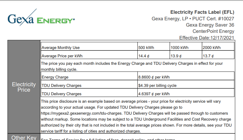 Electricity Facts Label for Gexa Energy Saver 36 Plan