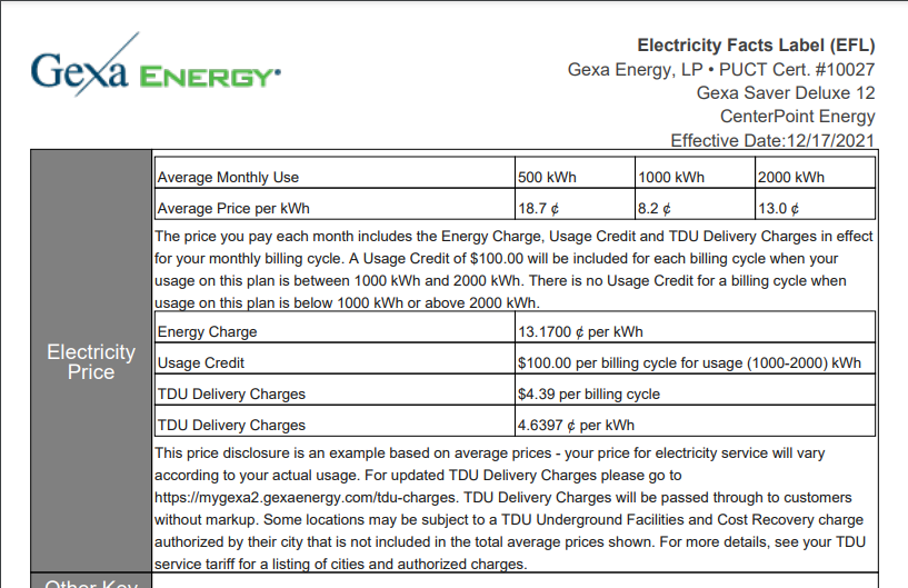 Electricity Facts Label for Gexa Saver Deluxe 12 Plan