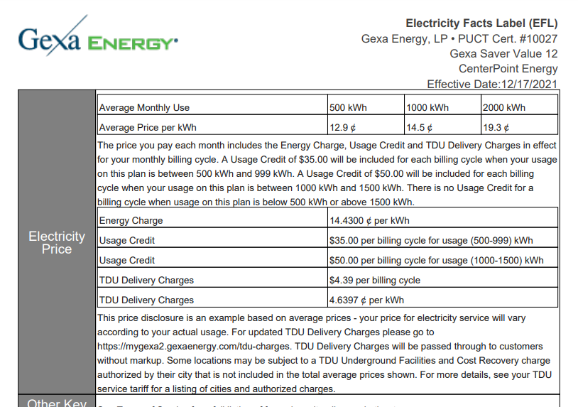Electricity Facts Label for Gexa Saver Value 12 Plan