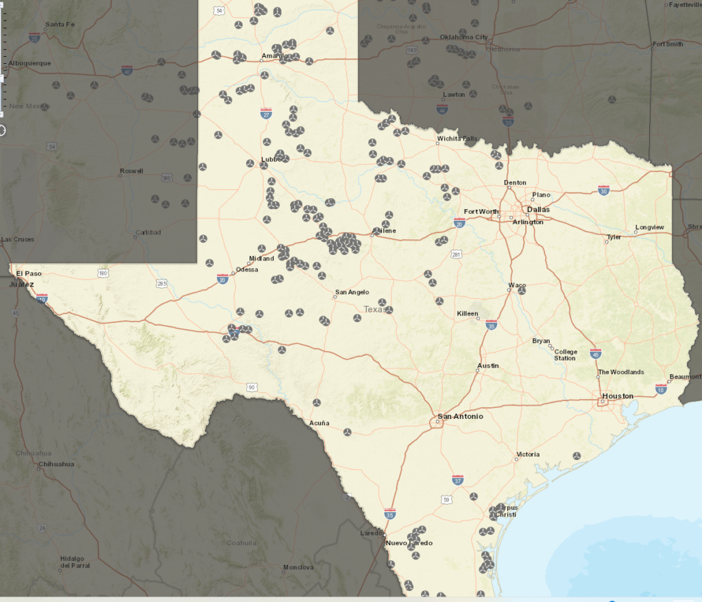 Map of the location of Texas wind generation